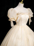 Champagne Tulle Floor Length Prom Dress, Cute Short Sleeve Evening Party Dress HZ0429