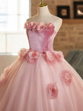Pink Velvet Tulle Long Prom Dress, A-Line Strapless Sweet 16 Princess Dress HZ0429