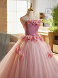 Pink Velvet Tulle Long Prom Dress, A-Line Strapless Sweet 16 Princess Dress HZ0429