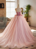 Pink Velvet Tulle Long Prom Dress, A-Line Strapless Sweet 16 Princess Dress HZ0429