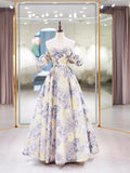 A-Line Floral Print Floor Length Prom Dress, Beautiful Off the Shoulder Party Dress HZ0429