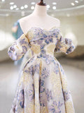 A-Line Floral Print Floor Length Prom Dress, Beautiful Off the Shoulder Party Dress HZ0429