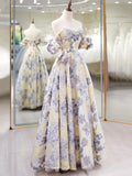 A-Line Floral Print Floor Length Prom Dress, Beautiful Off the Shoulder Party Dress HZ0429