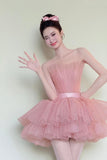 Pink Shiny Tulle Short/Mini Party Dress, Lovely A-Line Strapless Evening Dress HZ0429