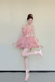 Pink Shiny Tulle Short/Mini Party Dress, Lovely A-Line Strapless Evening Dress HZ0429