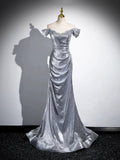 Silver Sequins Long Prom Dress, Mermaid Off the Shoulder Evening Party Dress HZ0429