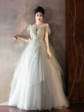 Light Green Tulle Floor Length Prom Dress, Lovely Off the Shoulder Evening Party Dress HZ0429