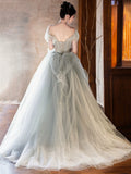 Light Green Tulle Floor Length Prom Dress, Lovely Off the Shoulder Evening Party Dress HZ0429