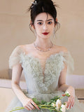 Light Green Tulle Floor Length Prom Dress, Lovely Off the Shoulder Evening Party Dress HZ0429