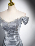 Silver Sequins Long Prom Dress, Mermaid Off the Shoulder Evening Party Dress HZ0429