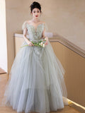 Light Green Tulle Floor Length Prom Dress, Lovely Off the Shoulder Evening Party Dress HZ0429