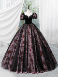 Elegant Velvet and Rose Print Long Formal Dress, A-Line Short Sleeve Prom Party Dress HZ0429