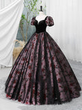 Elegant Velvet and Rose Print Long Formal Dress, A-Line Short Sleeve Prom Party Dress HZ0429