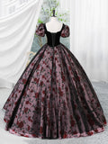 Elegant Velvet and Rose Print Long Formal Dress, A-Line Short Sleeve Prom Party Dress HZ0429