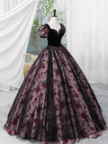 Elegant Velvet and Rose Print Long Formal Dress, A-Line Short Sleeve Prom Party Dress HZ0429