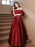 Burgundy Satin Floor Length Prom Dress, Off the Shoulder Short Sleeve Evening Dress HZ0429
