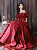 Burgundy Satin Floor Length Prom Dress, Off the Shoulder Short Sleeve Evening Dress HZ0429