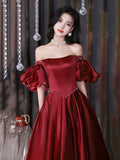 Burgundy Satin Floor Length Prom Dress, Off the Shoulder Short Sleeve Evening Dress HZ0429