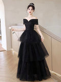 Black Tulle Lace Floor Length Prom Dress, Black A-Line Evening Party Dress HZ0429
