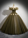 Elegant Off the Shoulder Floor Length Prom Dress, Green A-Line Tulle Formal Party Dress HZ0429