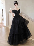 Black Tulle Lace Floor Length Prom Dress, Black A-Line Evening Party Dress HZ0429