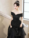 Black Tulle Lace Floor Length Prom Dress, Black A-Line Evening Party Dress HZ0429