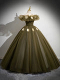 Elegant Off the Shoulder Floor Length Prom Dress, Green A-Line Tulle Formal Party Dress HZ0429