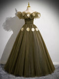 Elegant Off the Shoulder Floor Length Prom Dress, Green A-Line Tulle Formal Party Dress HZ0429