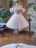 Purple Tulle Short A-Line Party Dress, Lovely Off the Shoulder Evening Dress HZ0429