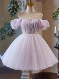 Purple Tulle Short A-Line Party Dress, Lovely Off the Shoulder Evening Dress HZ0429