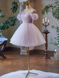 Purple Tulle Short A-Line Party Dress, Lovely Off the Shoulder Evening Dress HZ0429