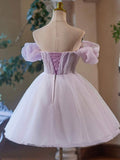 Purple Tulle Short A-Line Party Dress, Lovely Off the Shoulder Evening Dress HZ0429