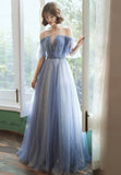 Blue Tulle Long A-Line Prom Dresses, Blue Evening Dresses HZ0429