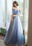 Blue Tulle Long A-Line Prom Dresses, Blue Evening Dresses HZ0429