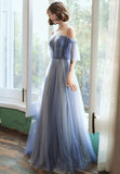 Blue Tulle Long A-Line Prom Dresses, Blue Evening Dresses HZ0429