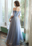 Blue Tulle Long A-Line Prom Dresses, Blue Evening Dresses HZ0429