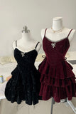 Cute A-Line Velvet Short Prom Dress, Burgundy/Black Spaghetti Strap Party Dress HZ0429