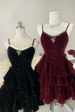 Cute A-Line Velvet Short Prom Dress, Burgundy/Black Spaghetti Strap Party Dress HZ0429