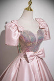 Pink Satin Sequins Long Prom Dress, Lovely A-Line Short Sleeve Party Dress HZ0429