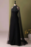 Black Tulle Beads Long Prom dress, Black Halter Evening Dress with Cape HZ0429