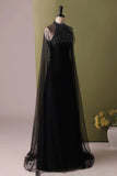Black Tulle Beads Long Prom dress, Black Halter Evening Dress with Cape HZ0429