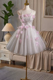 White Tulle and Pink Flowers Knee Length Prom Dress, Lovely A-Line Party Dress HZ0429