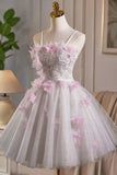 White Tulle and Pink Flowers Knee Length Prom Dress, Lovely A-Line Party Dress HZ0429