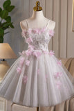 White Tulle and Pink Flowers Knee Length Prom Dress, Lovely A-Line Party Dress HZ0429