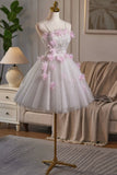 White Tulle and Pink Flowers Knee Length Prom Dress, Lovely A-Line Party Dress HZ0429