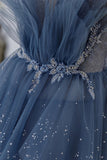 Blue Tulle Layers Straps Beaded Long Prom Dresses, A-Line Evening Dresses HZ0429