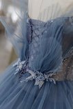 Blue Tulle Layers Straps Beaded Long Prom Dresses, A-Line Evening Dresses HZ0429