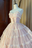 Pink Strapless Layers Tulle Long Party Dress, Glam Prom Dress Formal Gown HZ0429