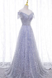 A-Line Tulle Sequins Long Prom Dress, Off the Shoulder Evening Party Dress HZ0429
