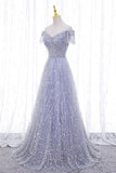 A-Line Tulle Sequins Long Prom Dress, Off the Shoulder Evening Party Dress HZ0429